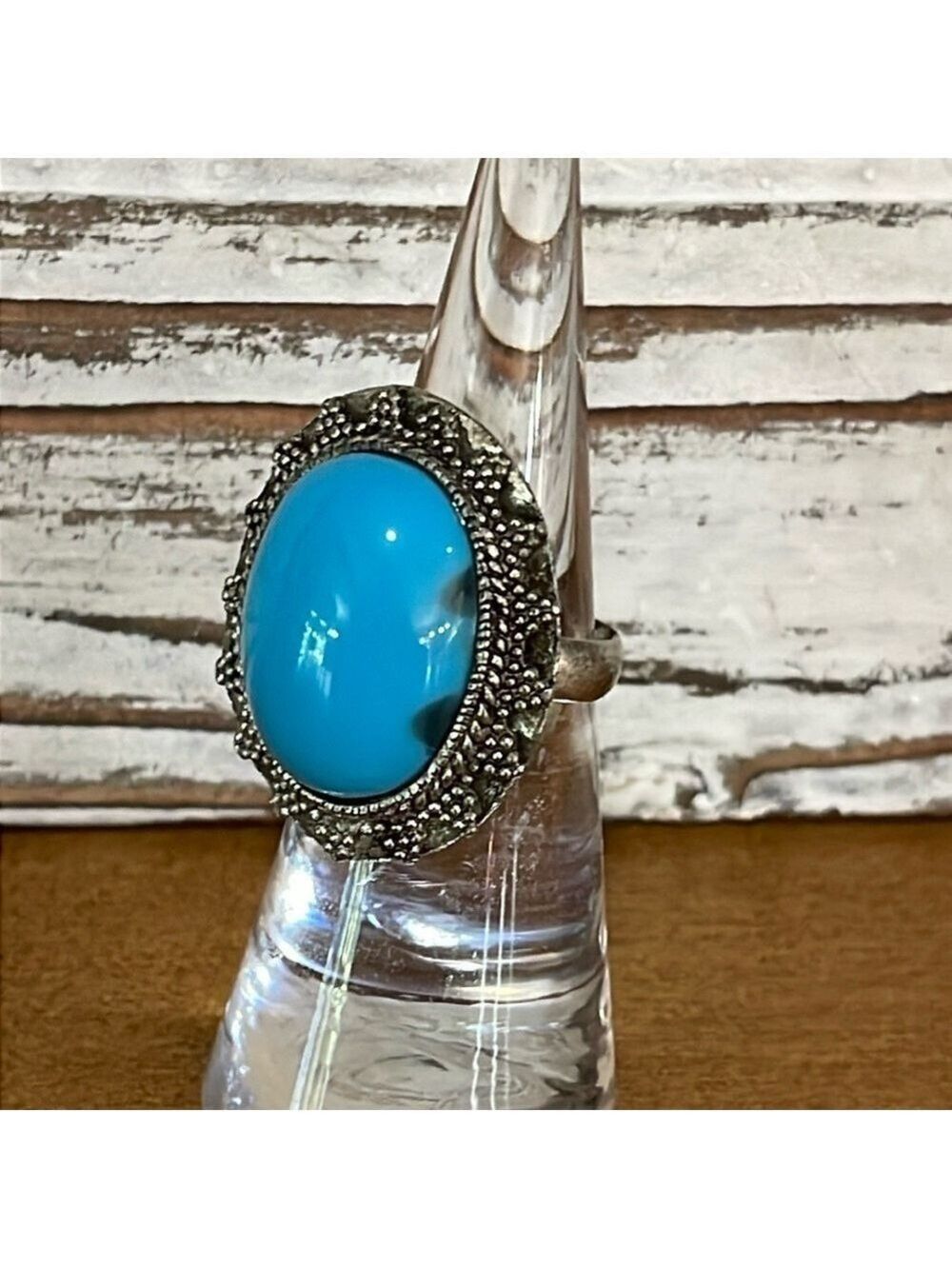 Faux turquoise and silver tone statement ring size 5.5
